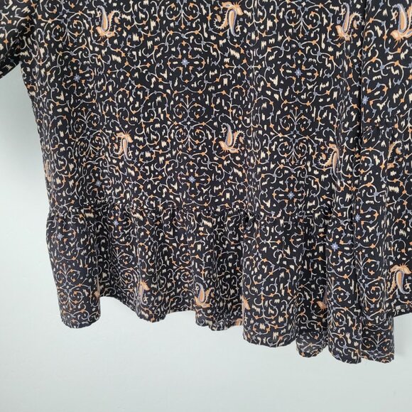 Madewell Silk Blouse 3/4 Bell Sleeve Peplum Patterned Black Multicolor Size L - Picture 6 of 11